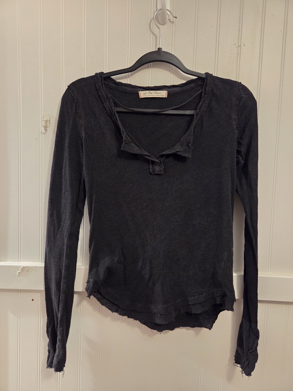We The Free Black Washed Distressed Long Sleeve Henley With Snaps At Wrists